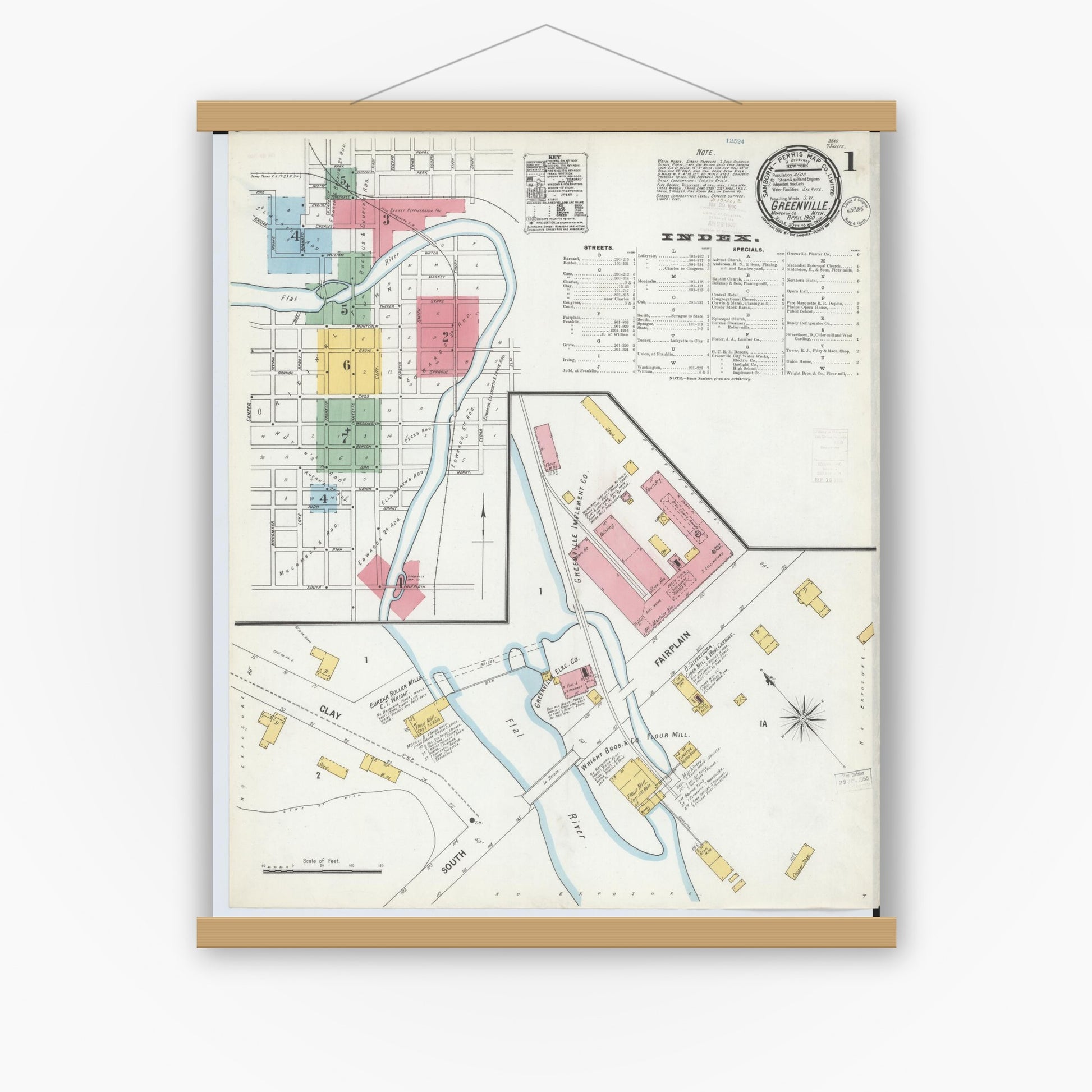 Old map wall art mockup — magnetic wood frame on white wall — Sanborn Fire Insurance Map from Greenville, Montcalm County, Michigan (1900) - Complete Map Set