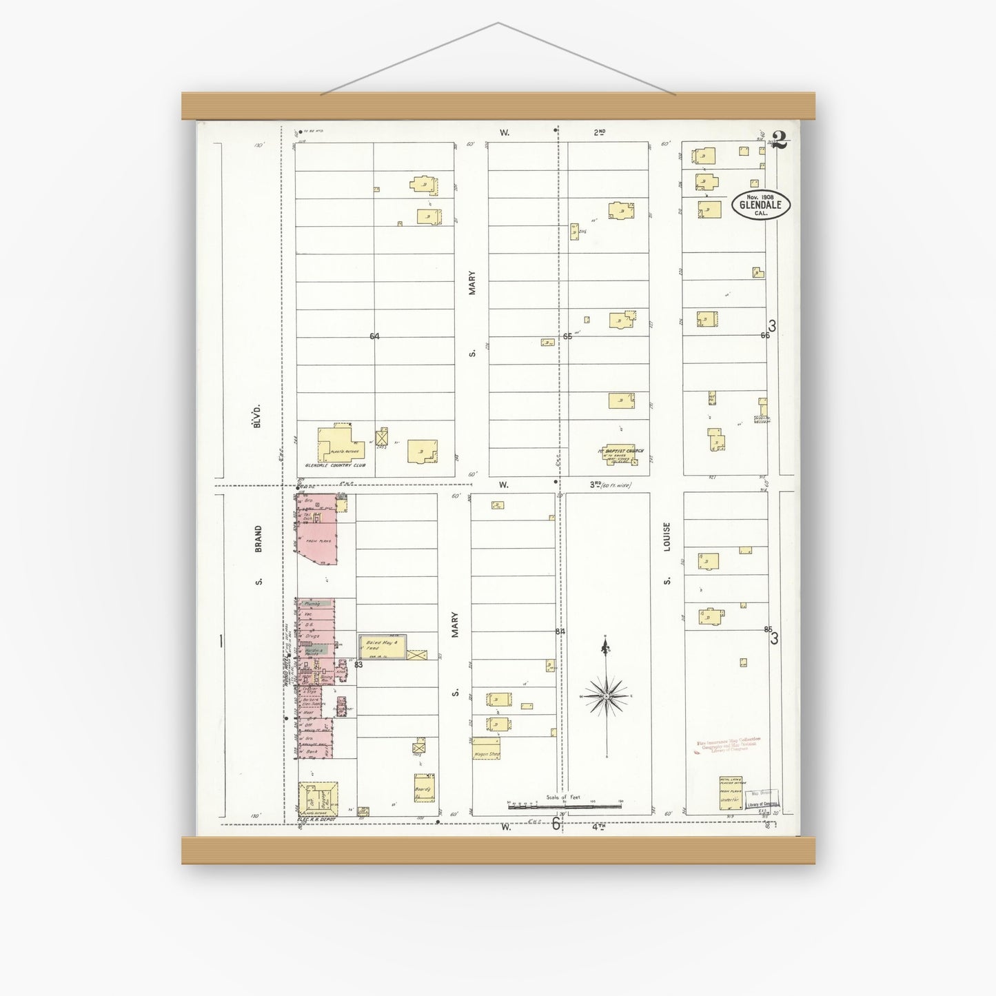 Old map wall art mockup — magnetic wood frame on white wall — Sanborn Fire Insurance Map from Glendale, Los Angeles County, California (1908), Sheet #0002