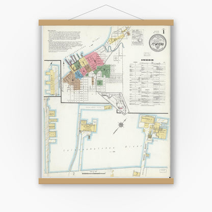 Old map wall art mockup — magnetic wood frame on white wall — Sanborn Fire Insurance Map from Fort Myers, Lee County, Florida (1917) - Complete Map Set