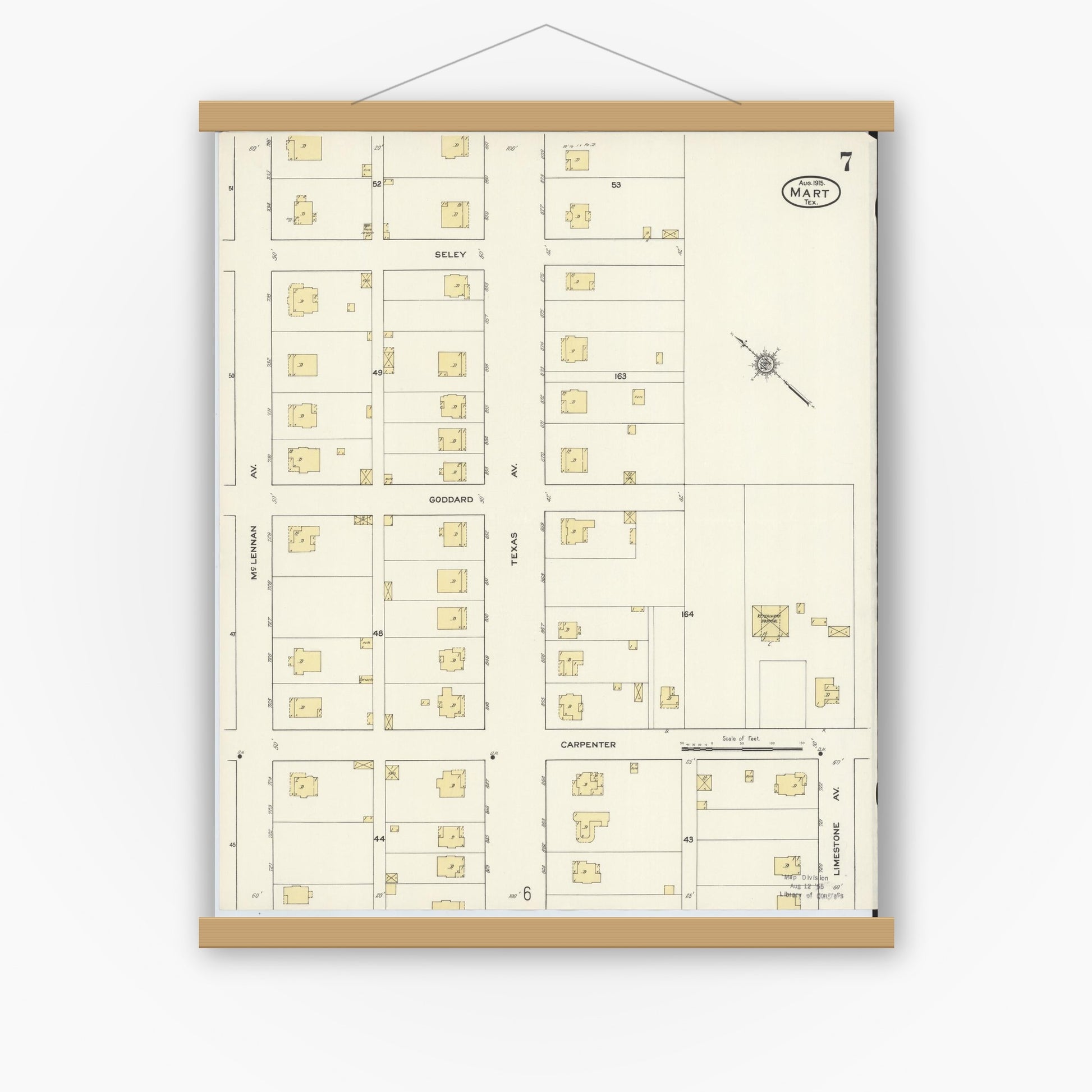Old map wall art mockup — magnetic wood frame on white wall — Sanborn Fire Insurance Map from Mart, McLennan County, Texas (1915), Sheet #0007