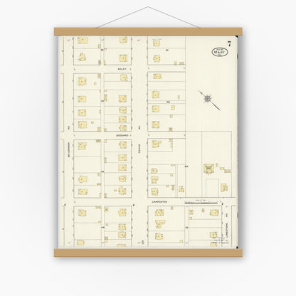 Old map wall art mockup — magnetic wood frame on white wall — Sanborn Fire Insurance Map from Mart, McLennan County, Texas (1915), Sheet #0007