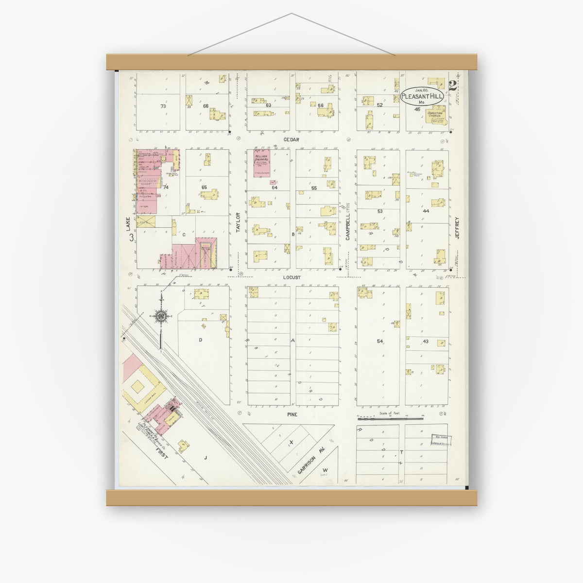 Old map wall art mockup — magnetic wood frame on white wall — Sanborn Fire Insurance Map from Pleasant Hill, Cass County, Missouri (1913), Sheet #0002