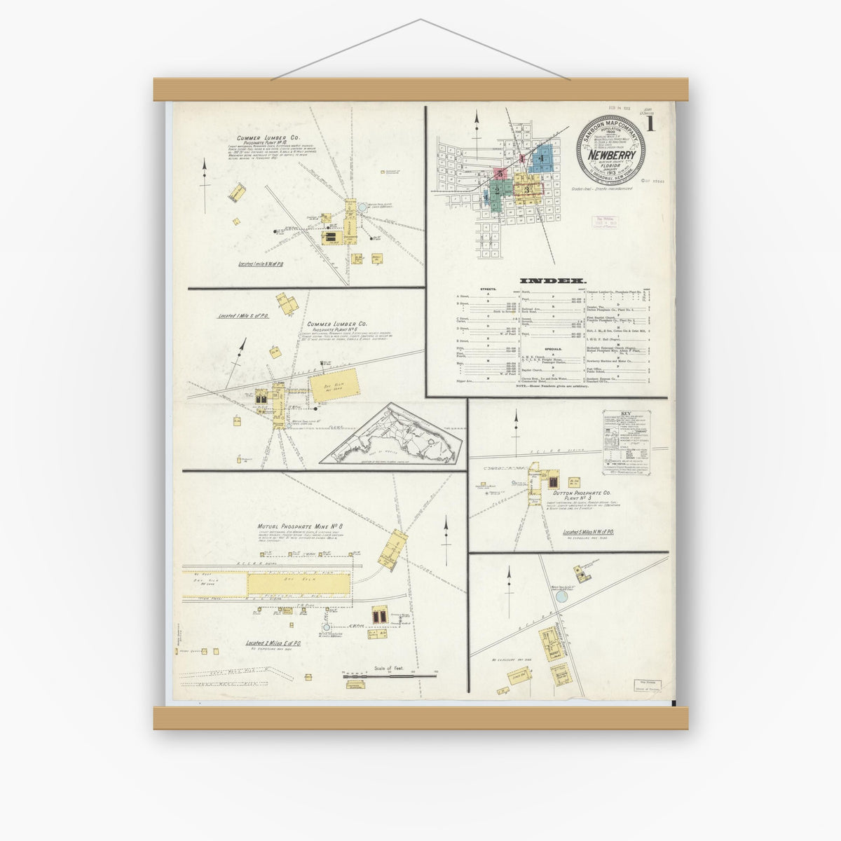 Old map wall art mockup — magnetic wood frame on white wall — Sanborn Fire Insurance Map from Newberry, Alachua County, Florida (1913) - Complete Map Set