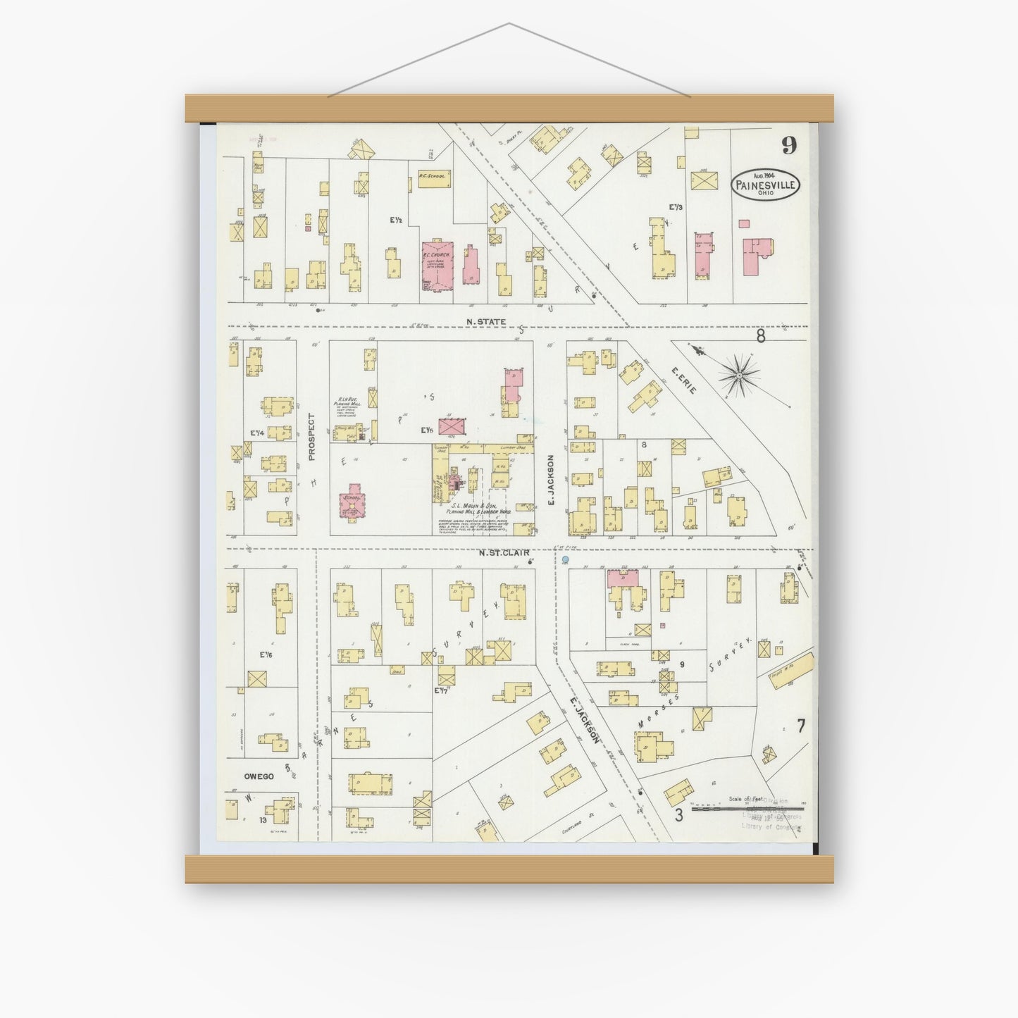 Old map wall art mockup — magnetic wood frame on white wall — Sanborn Fire Insurance Map from Painesville, Lake County, Ohio (1904), Sheet #0009