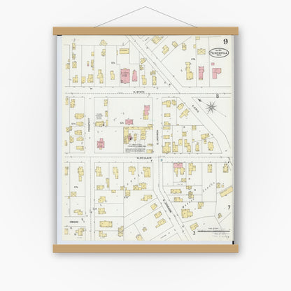 Old map wall art mockup — magnetic wood frame on white wall — Sanborn Fire Insurance Map from Painesville, Lake County, Ohio (1904), Sheet #0009