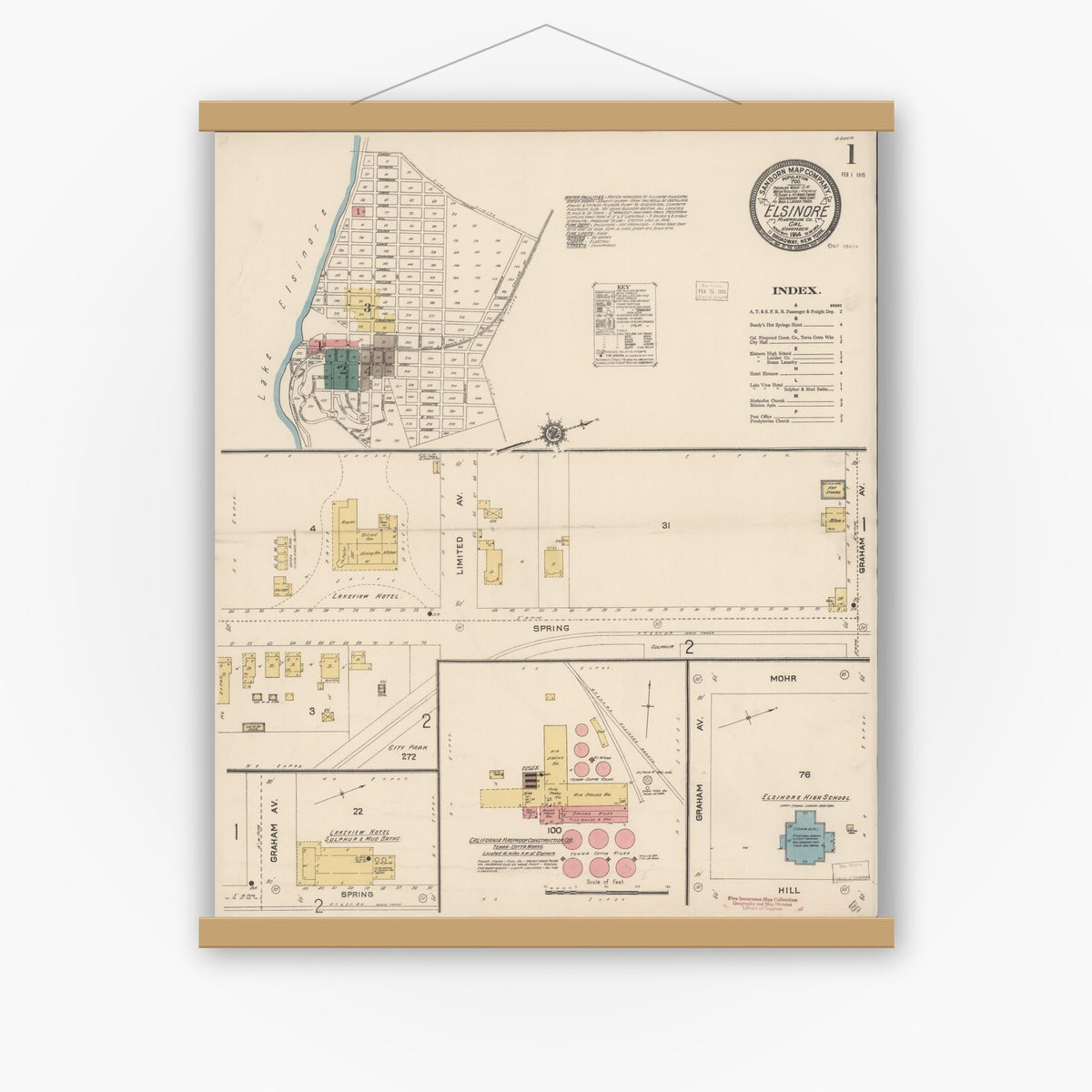 Old map wall art mockup — magnetic wood frame on white wall — Sanborn Fire Insurance Map from Elsinore, Riverside County, California (1914), Sheet #0001