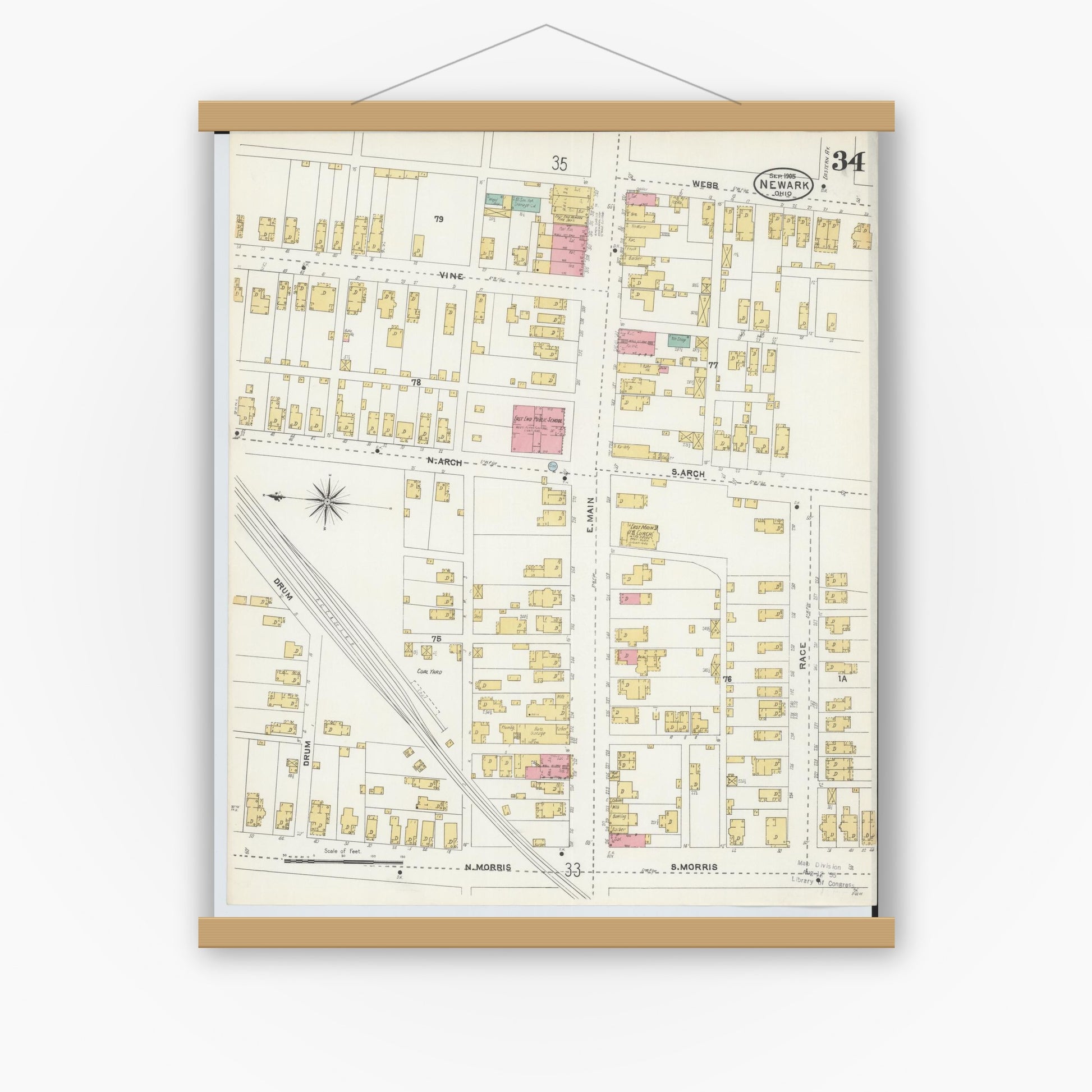 Old map wall art mockup — magnetic wood frame on white wall — Sanborn Fire Insurance Map from Newark, Licking County, Ohio (1905), Sheet #0034