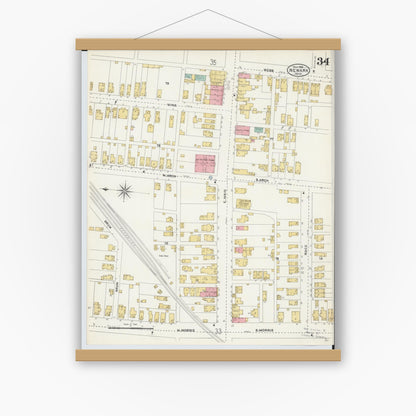 Old map wall art mockup — magnetic wood frame on white wall — Sanborn Fire Insurance Map from Newark, Licking County, Ohio (1905), Sheet #0034