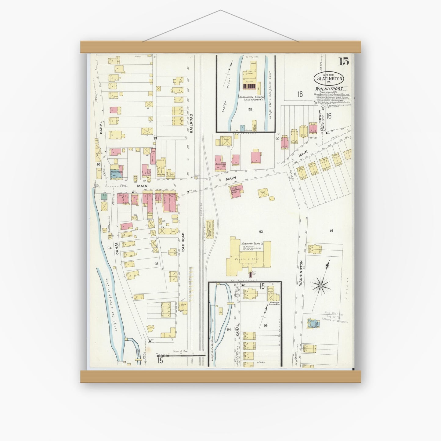 Old map wall art mockup — magnetic wood frame on white wall — Sanborn Fire Insurance Map from Slatington, Lehigh County, Pennsylvania (1908), Sheet #0015