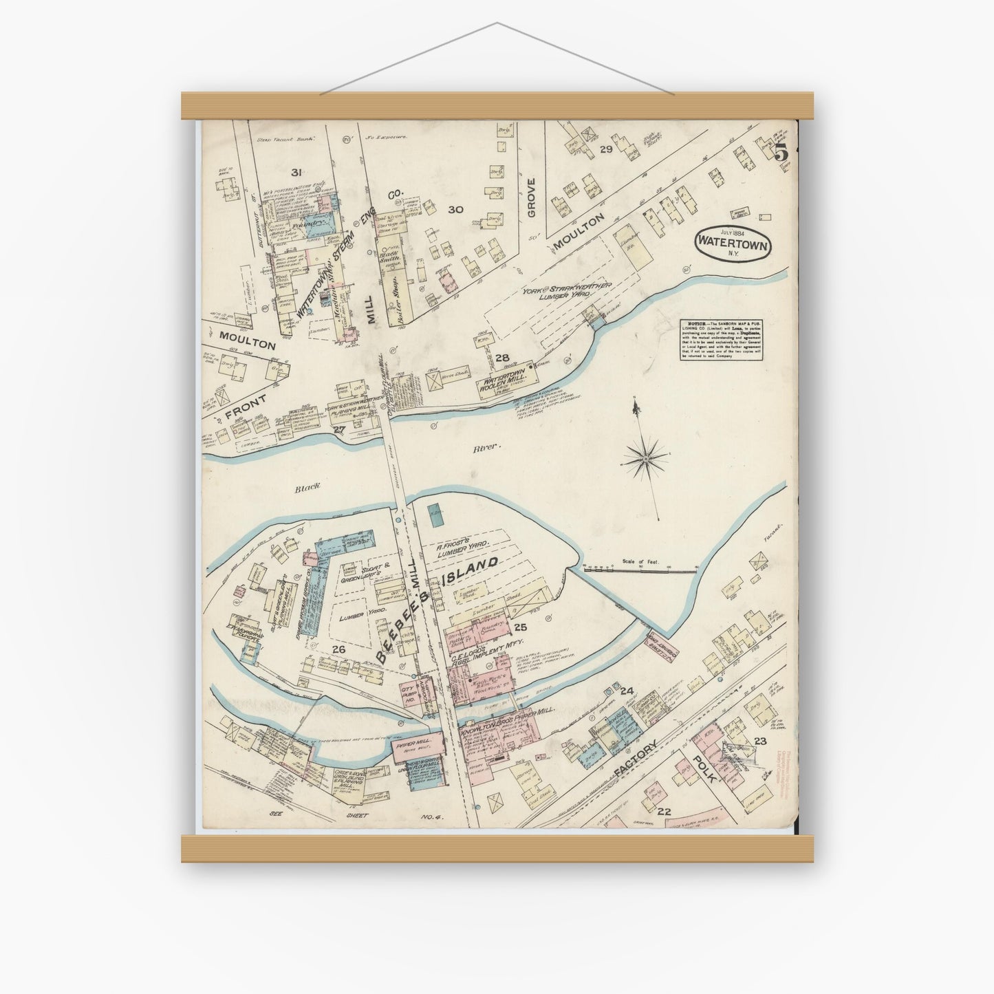 Old map wall art mockup — magnetic wood frame on white wall — Sanborn Fire Insurance Map from Watertown, Jefferson County, New York (1884), Sheet #0005