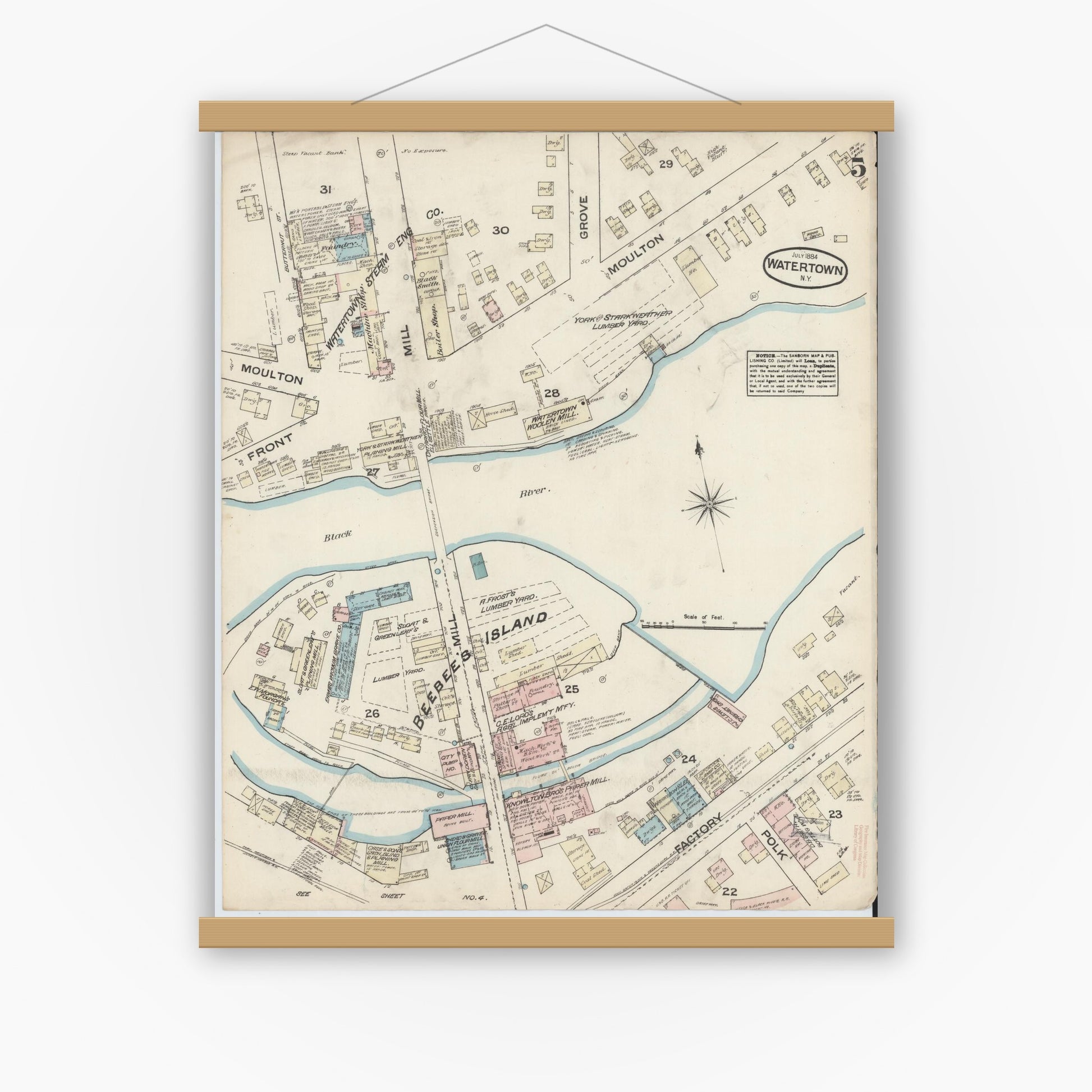 Old map wall art mockup — magnetic wood frame on white wall — Sanborn Fire Insurance Map from Watertown, Jefferson County, New York (1884), Sheet #0005