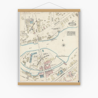 Old map wall art mockup — magnetic wood frame on white wall — Sanborn Fire Insurance Map from Watertown, Jefferson County, New York (1884), Sheet #0005