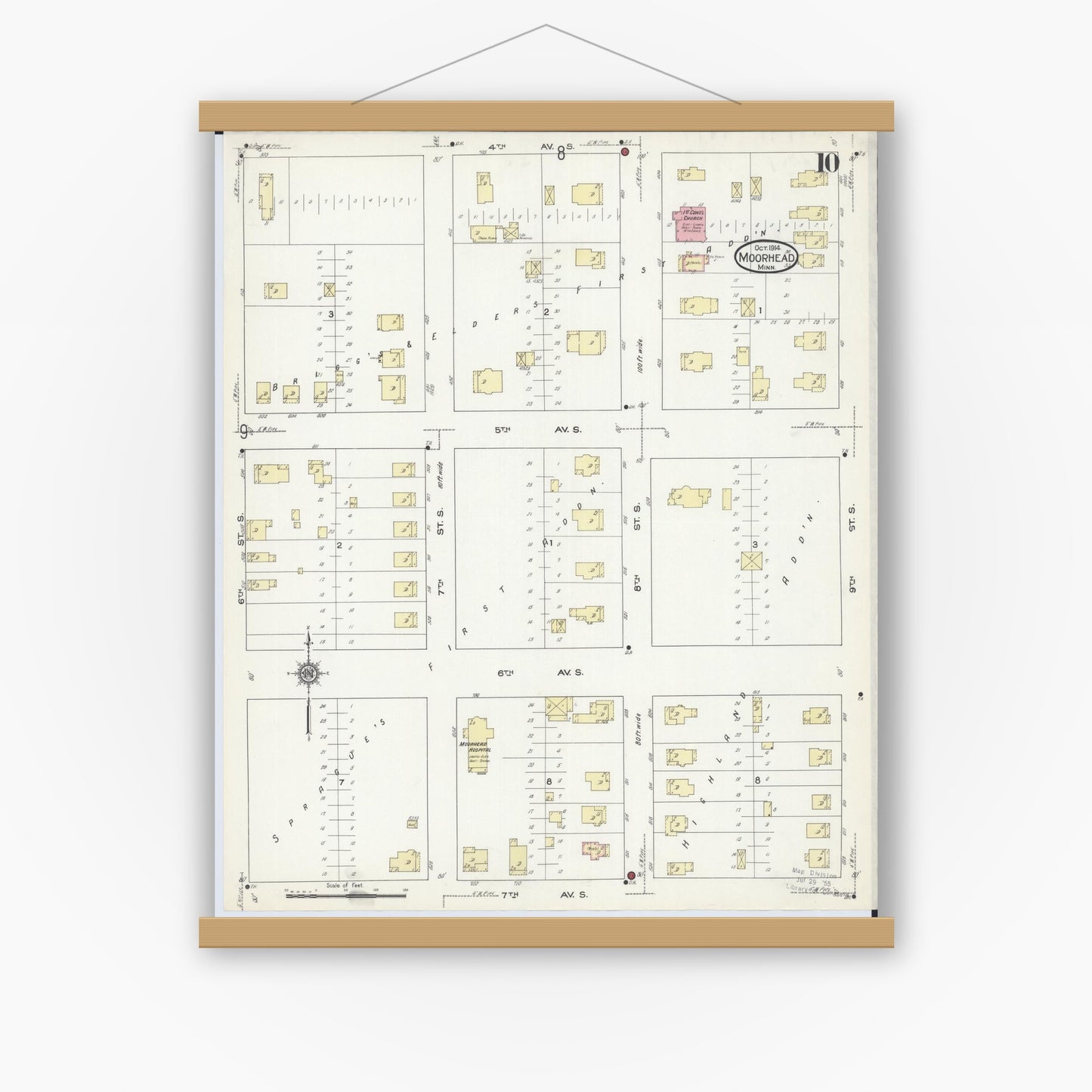 Old map wall art mockup — magnetic wood frame on white wall — Sanborn Fire Insurance Map from Moorhead, Clay County, Minnesota (1914), Sheet #0010