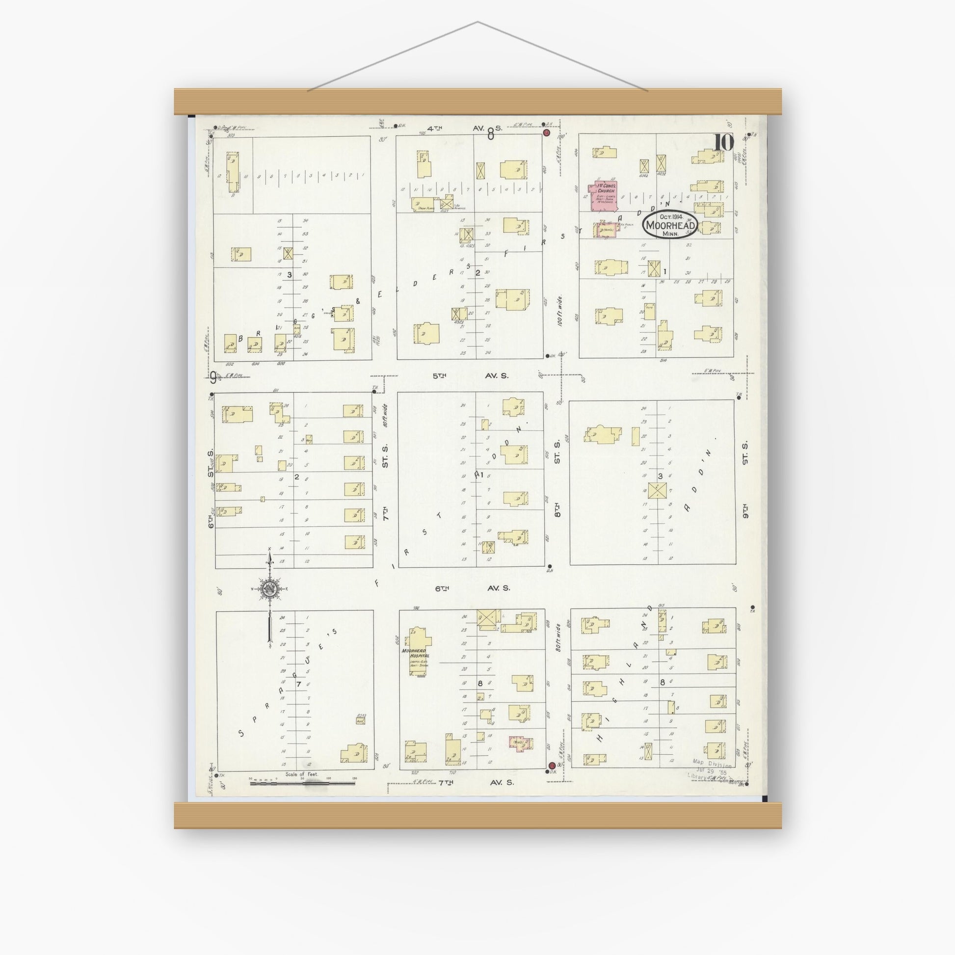 Old map wall art mockup — magnetic wood frame on white wall — Sanborn Fire Insurance Map from Moorhead, Clay County, Minnesota (1914), Sheet #0010