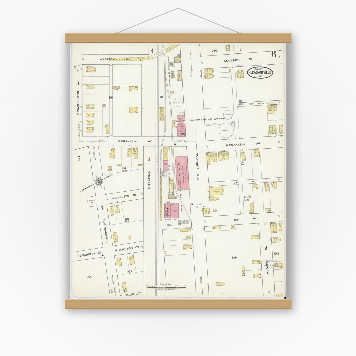Old map wall art mockup — magnetic wood frame on white wall — Sanborn Fire Insurance Map from Pleasantville, Atlantic County, New Jersey (1917), Sheet #0006
