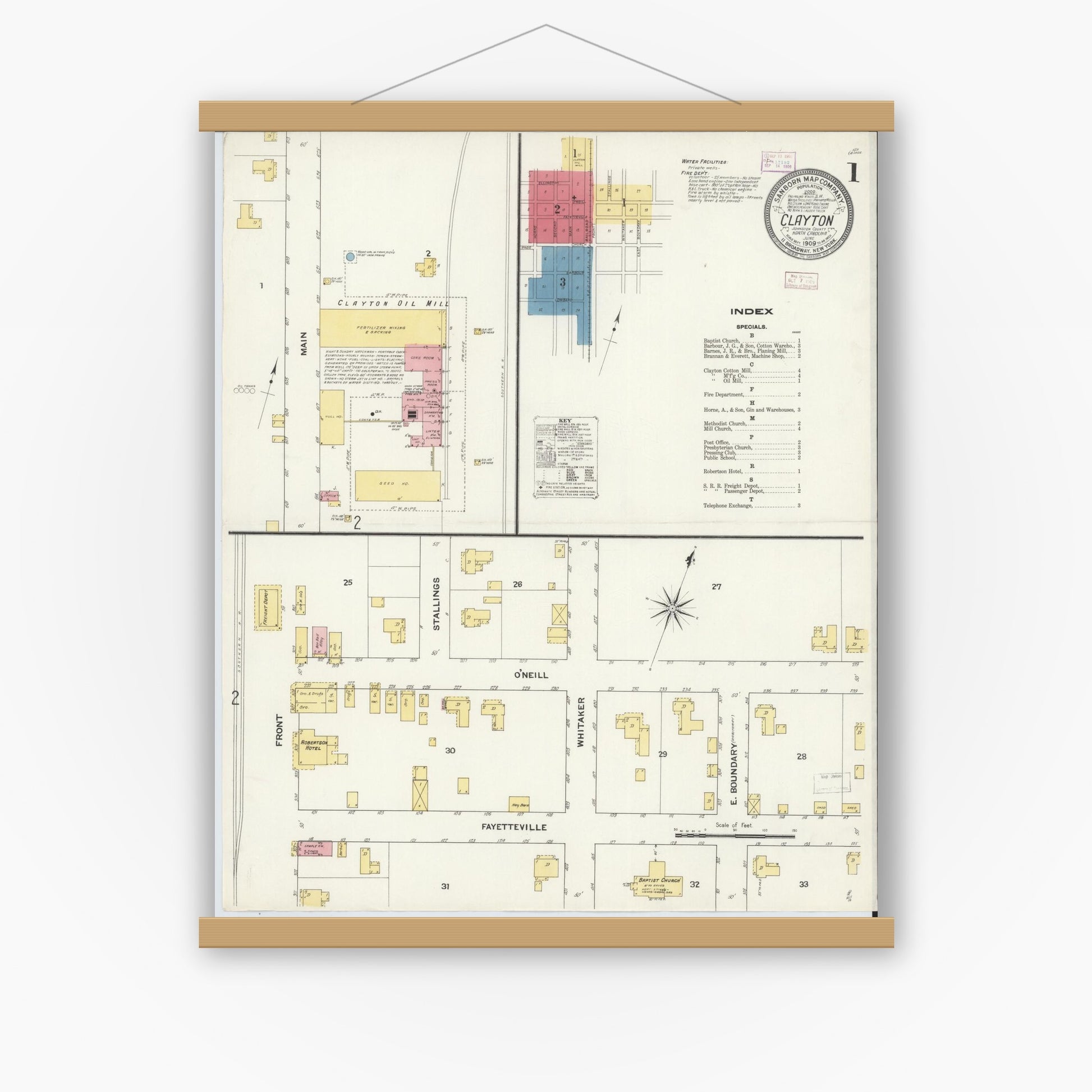Old map wall art mockup — magnetic wood frame on white wall — Sanborn Fire Insurance Map from Clayton, Johnston County, North Carolina (1909) - Complete Map Set