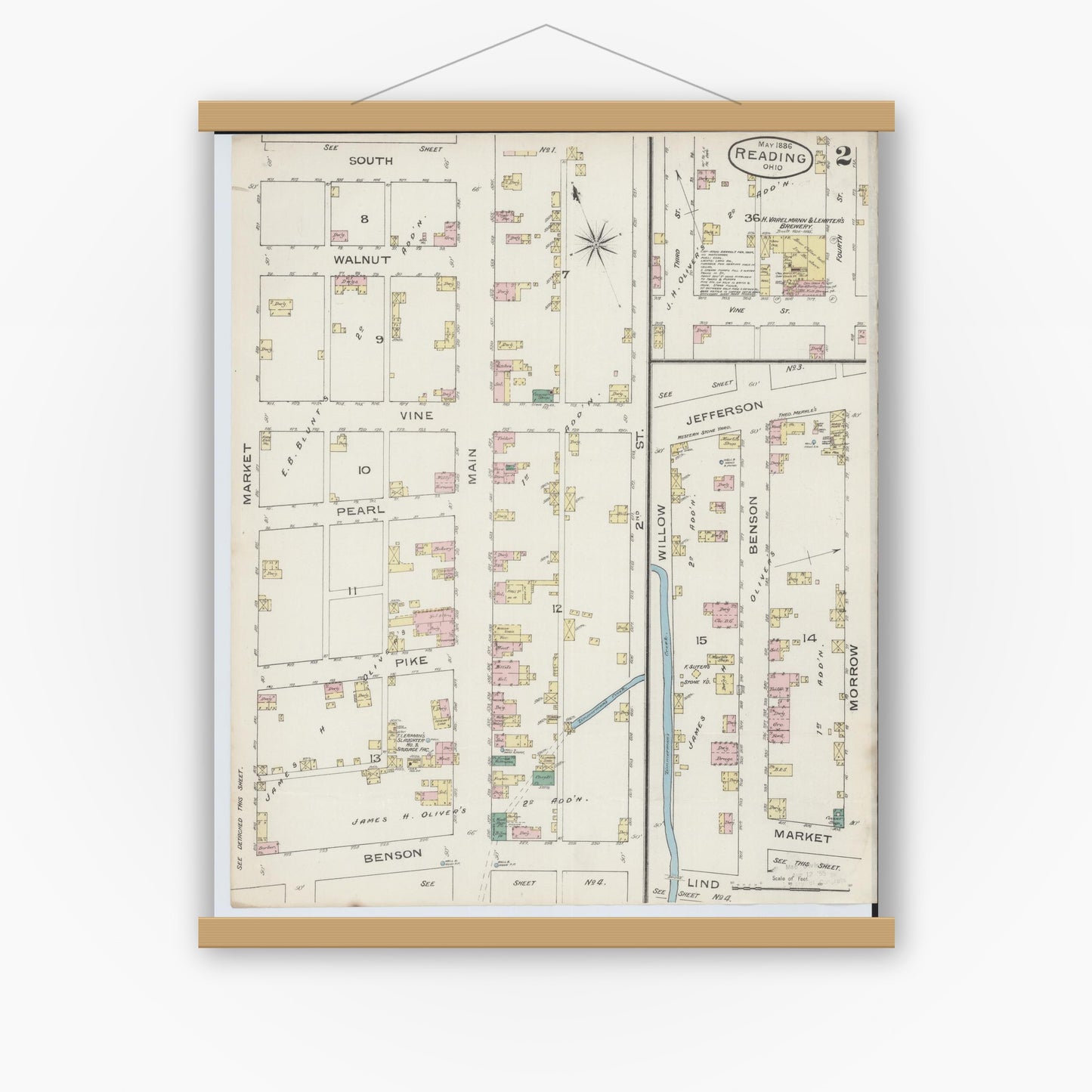 Old map wall art mockup — magnetic wood frame on white wall — Sanborn Fire Insurance Map from Reading, Hamilton County, Ohio (1886), Sheet #0002