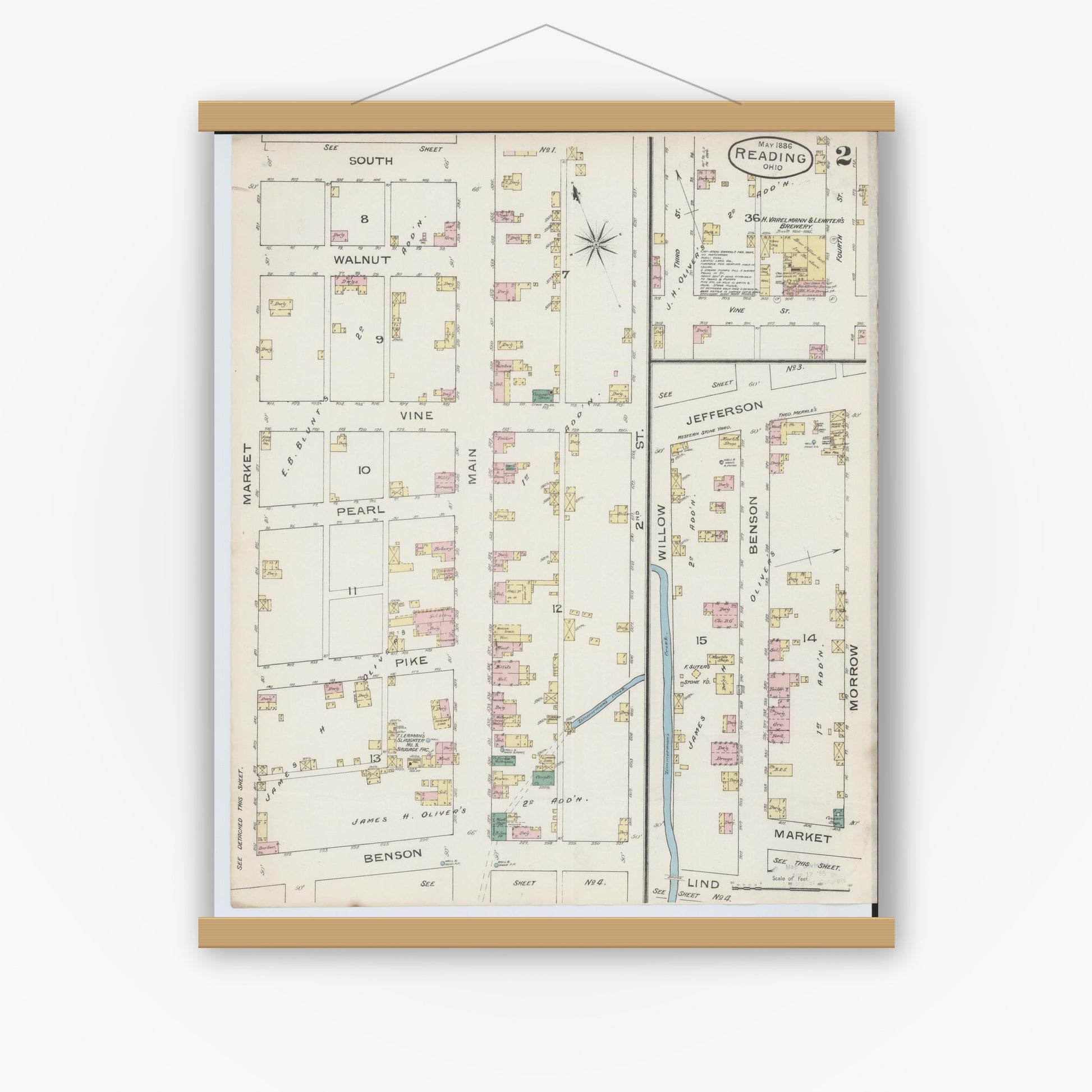 Old map wall art mockup — magnetic wood frame on white wall — Sanborn Fire Insurance Map from Reading, Hamilton County, Ohio (1886), Sheet #0002