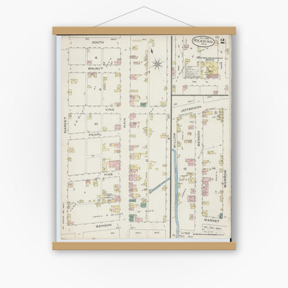 Old map wall art mockup — magnetic wood frame on white wall — Sanborn Fire Insurance Map from Reading, Hamilton County, Ohio (1886), Sheet #0002