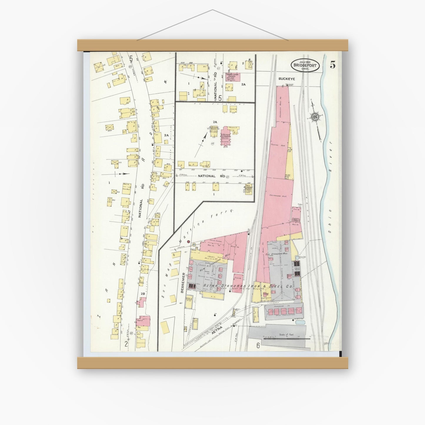 Old map wall art mockup — magnetic wood frame on white wall — Sanborn Fire Insurance Map from Bridgeport, Belmont County, Ohio (1910), Sheet #0005