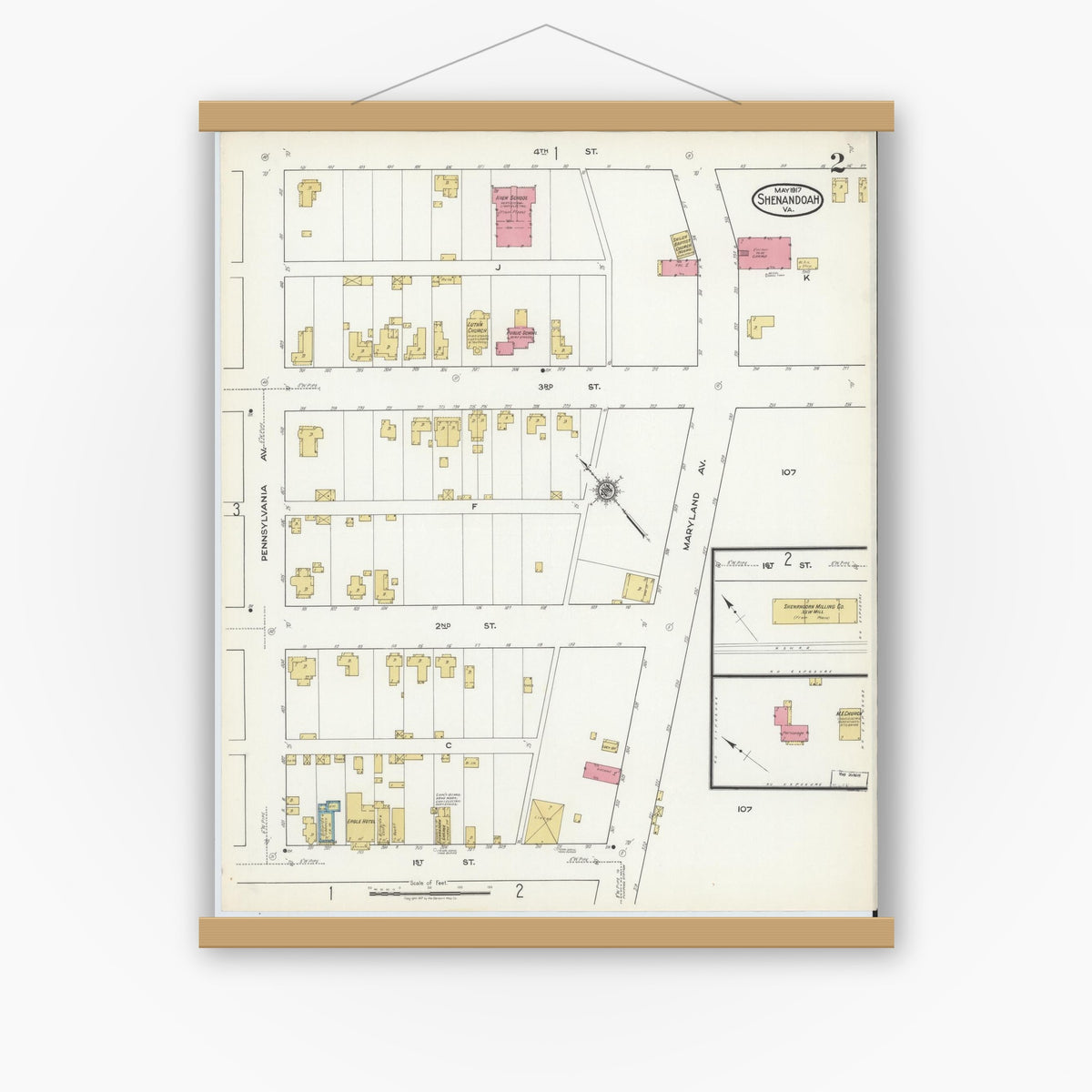 Old map wall art mockup — magnetic wood frame on white wall — Sanborn Fire Insurance Map from Shenandoah, Page County, Virginia (1917), Sheet #0002