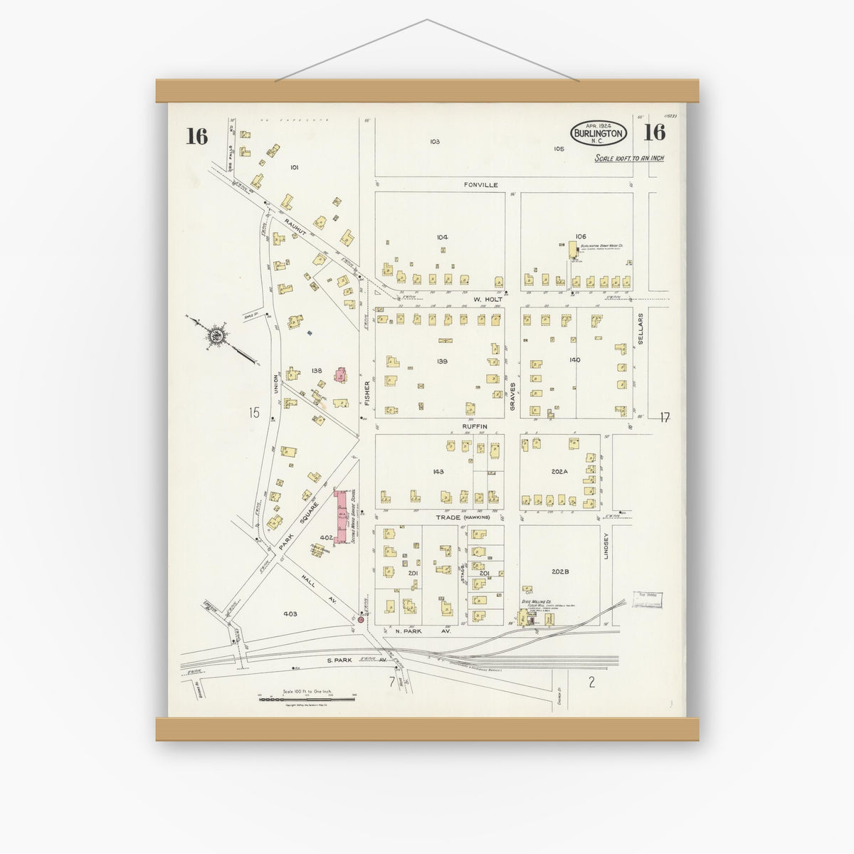 Old map wall art mockup — magnetic wood frame on white wall — Sanborn Fire Insurance Map from Burlington, Alamance County, North Carolina (1924), Sheet #0016
