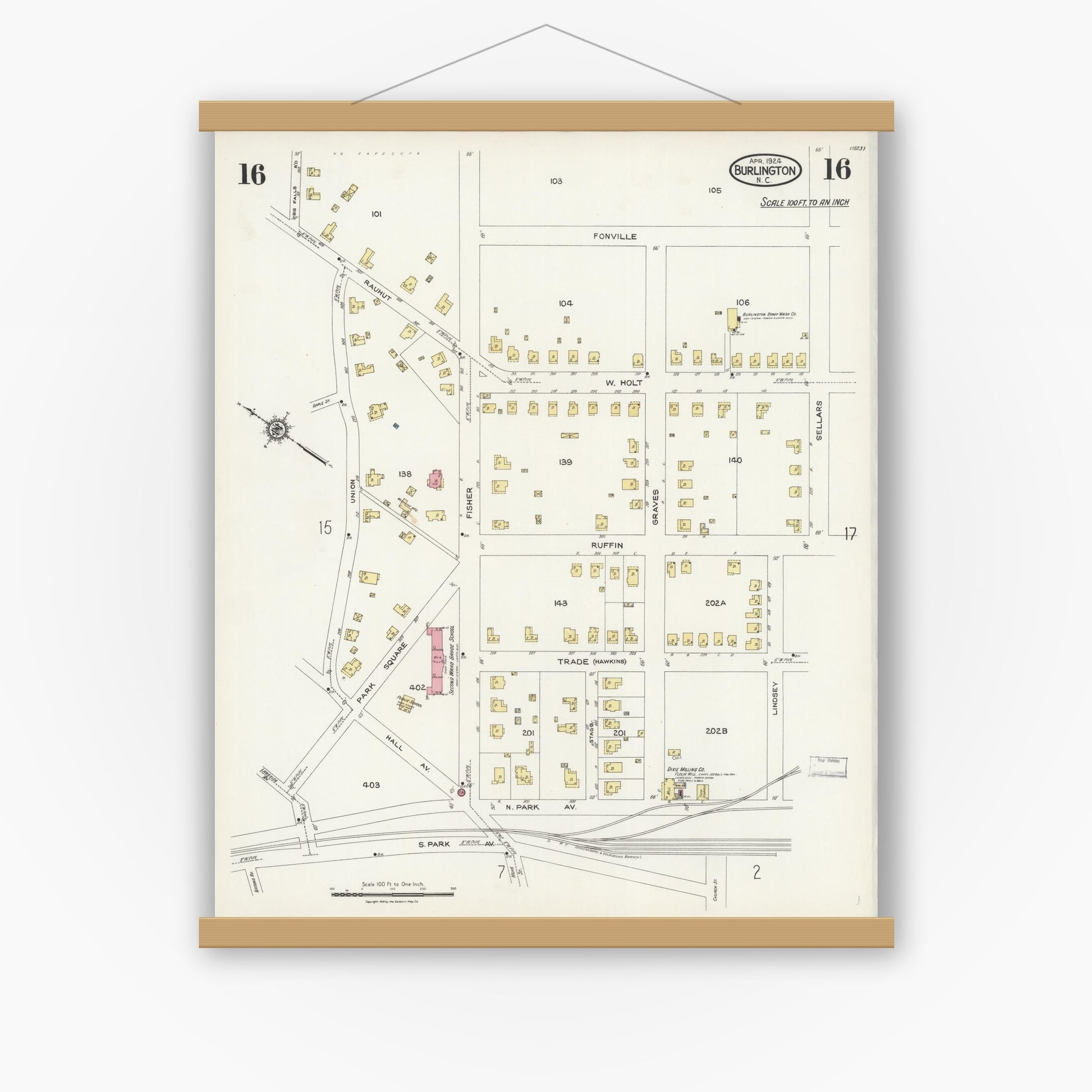 Old map wall art mockup — magnetic wood frame on white wall — Sanborn Fire Insurance Map from Burlington, Alamance County, North Carolina (1924), Sheet #0016
