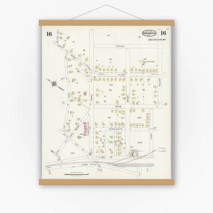 Old map wall art mockup — magnetic wood frame on white wall — Sanborn Fire Insurance Map from Burlington, Alamance County, North Carolina (1924), Sheet #0016