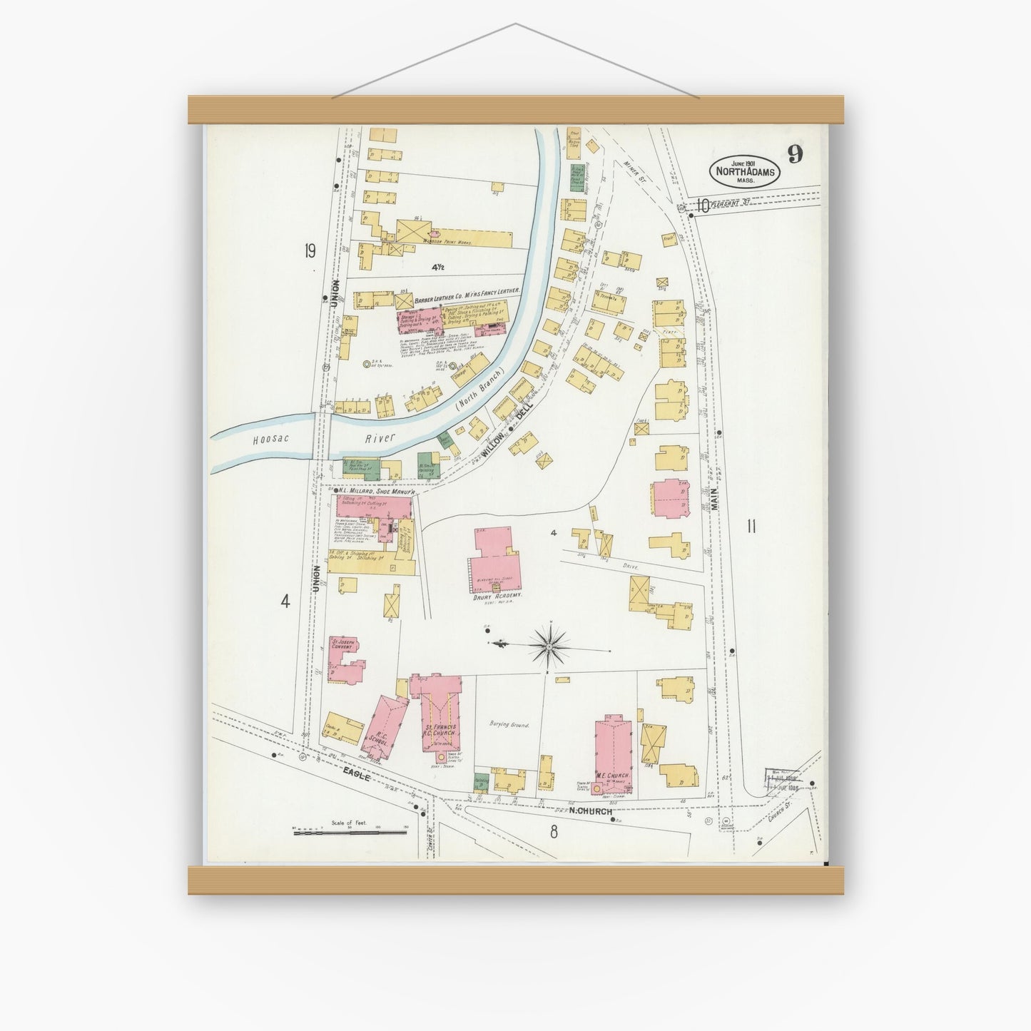 Old map wall art mockup — magnetic wood frame on white wall — Sanborn Fire Insurance Map from North Adams, Berkshire County, Massachusetts (1901), Sheet #0009