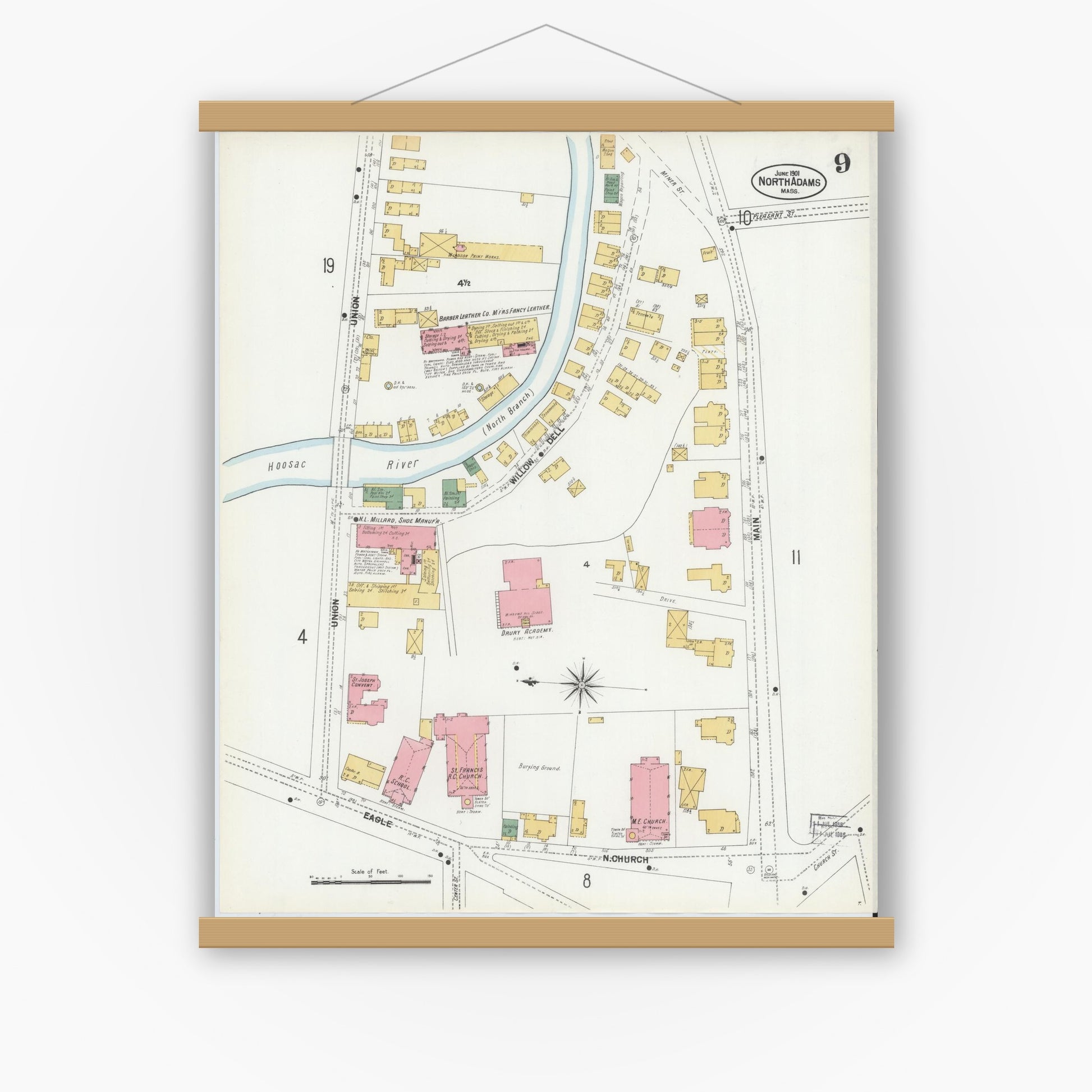 Old map wall art mockup — magnetic wood frame on white wall — Sanborn Fire Insurance Map from North Adams, Berkshire County, Massachusetts (1901), Sheet #0009