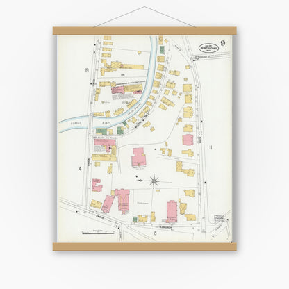 Old map wall art mockup — magnetic wood frame on white wall — Sanborn Fire Insurance Map from North Adams, Berkshire County, Massachusetts (1901), Sheet #0009