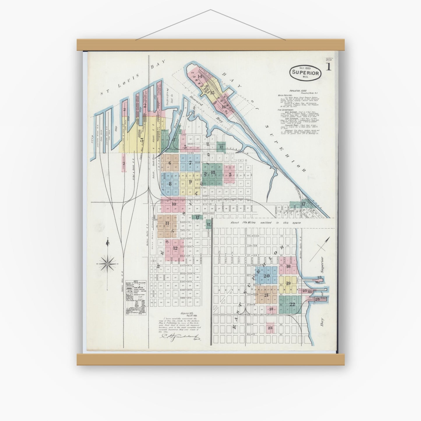 Old map wall art mockup — magnetic wood frame on white wall — Sanborn Fire Insurance Map from Superior, Douglas County, Wisconsin (1889), Sheet #0001