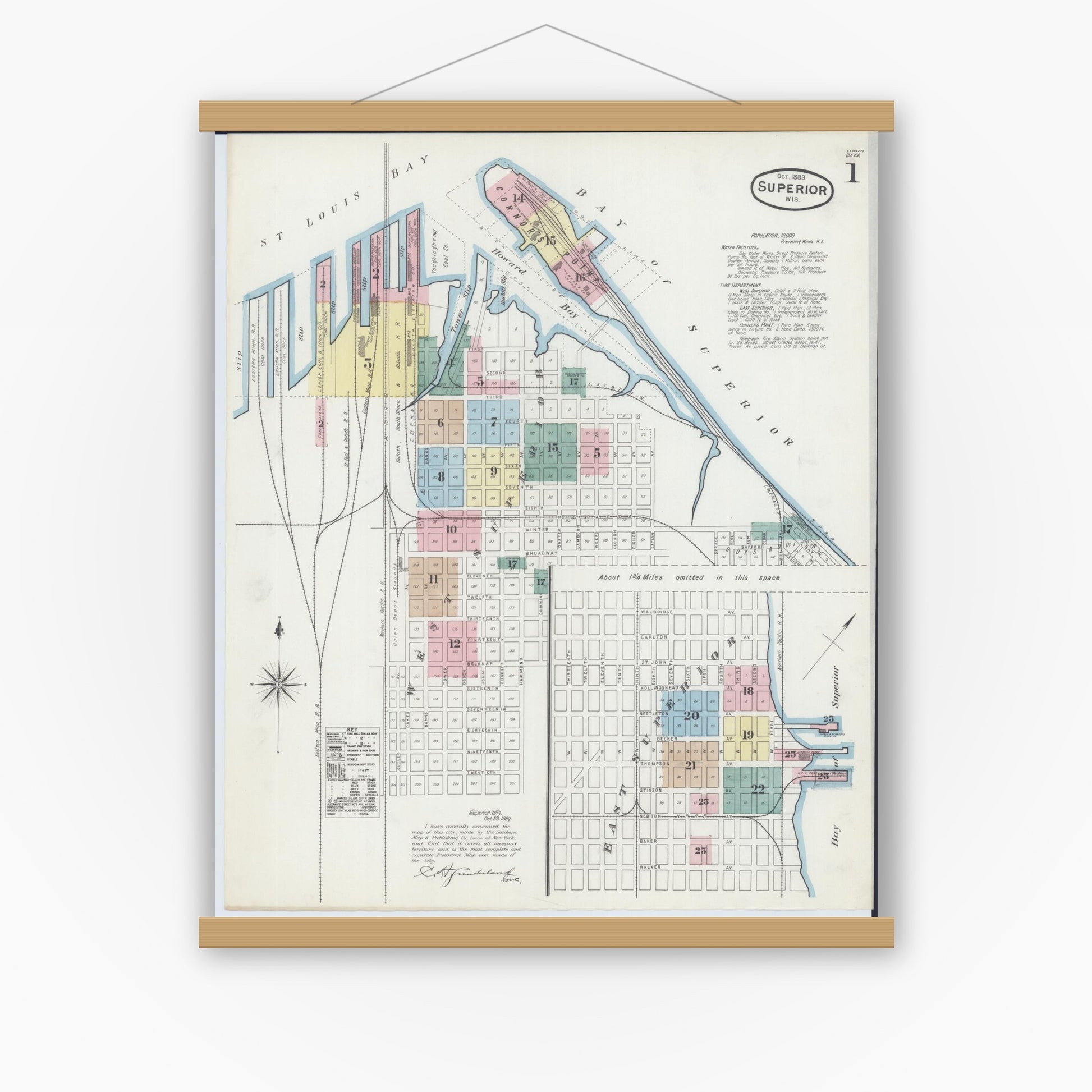 Old map wall art mockup — magnetic wood frame on white wall — Sanborn Fire Insurance Map from Superior, Douglas County, Wisconsin (1889), Sheet #0001