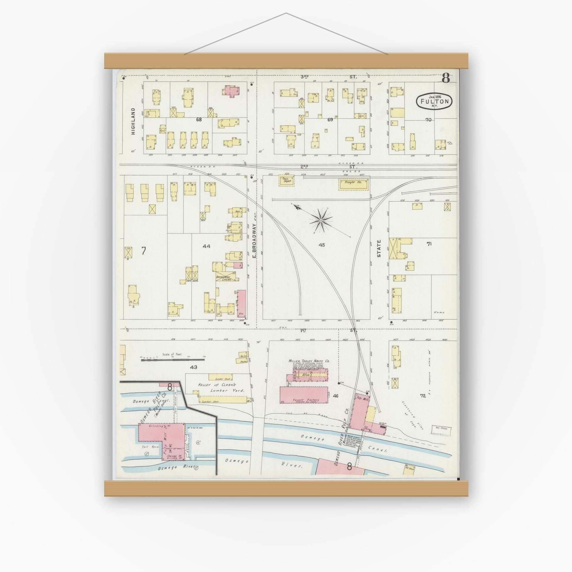 Old map wall art mockup — magnetic wood frame on white wall — Sanborn Fire Insurance Map from Fulton, Oswego County, New York (1896), Sheet #0008