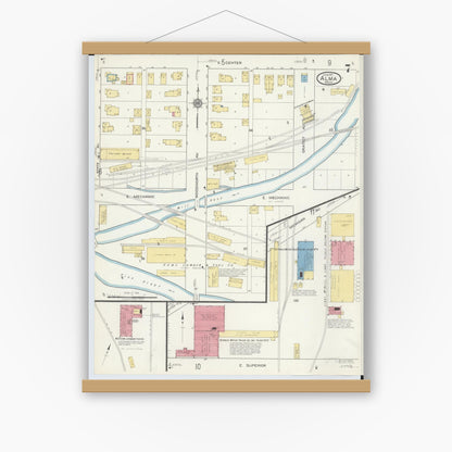 Old map wall art mockup — magnetic wood frame on white wall — Sanborn Fire Insurance Map from Alma, Gratiot County, Michigan (1917), Sheet #0007