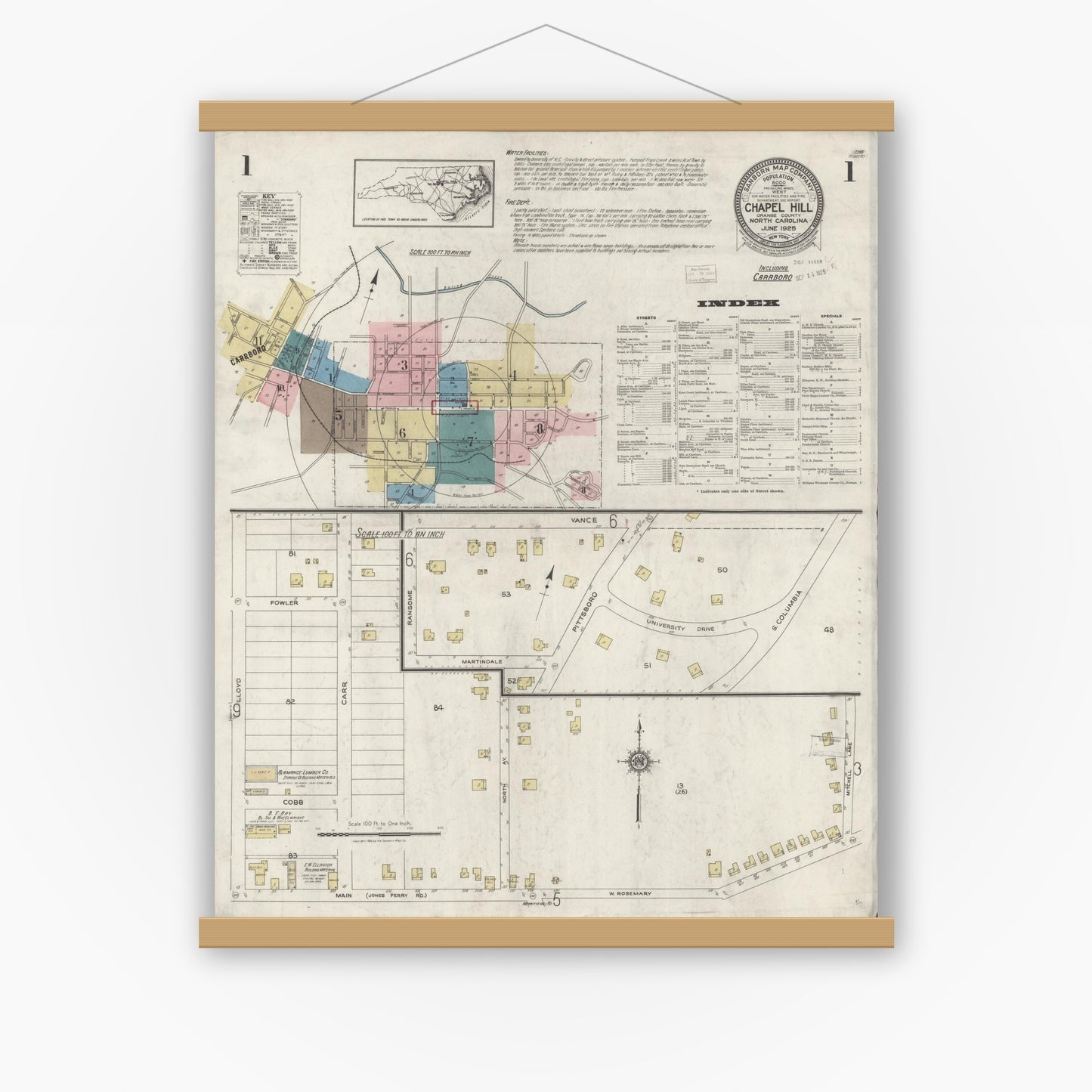Old map wall art mockup — magnetic wood frame on white wall — Sanborn Fire Insurance Map from Chapel Hill, Orange County, North Carolina (1925) - Complete Map Set