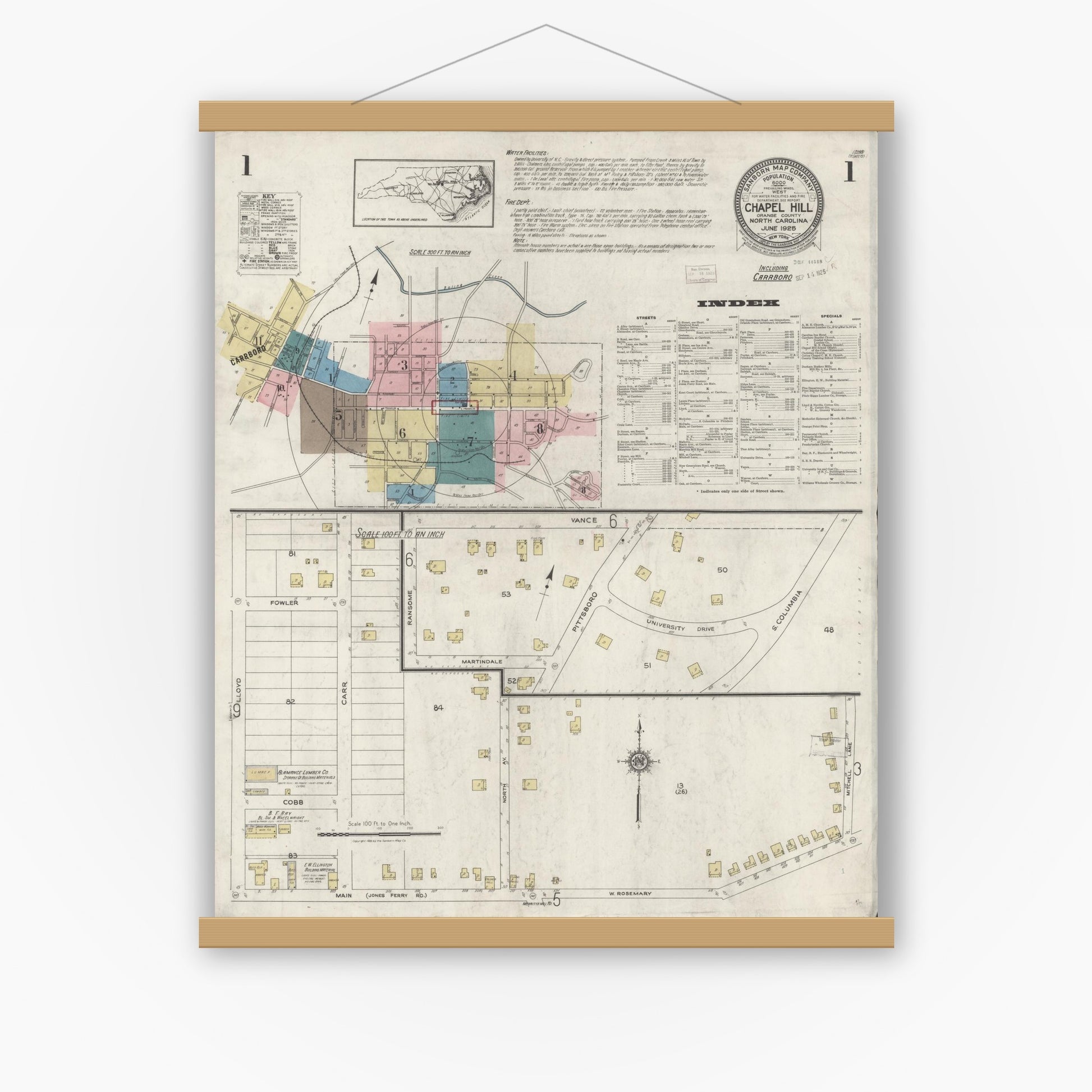 Old map wall art mockup — magnetic wood frame on white wall — Sanborn Fire Insurance Map from Chapel Hill, Orange County, North Carolina (1925) - Complete Map Set