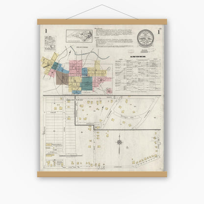 Old map wall art mockup — magnetic wood frame on white wall — Sanborn Fire Insurance Map from Chapel Hill, Orange County, North Carolina (1925) - Complete Map Set