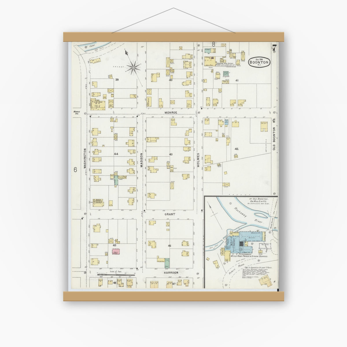 Old map wall art mockup — magnetic wood frame on white wall — Sanborn Fire Insurance Map from Boonton, Morris County, New Jersey (1896), Sheet #0007