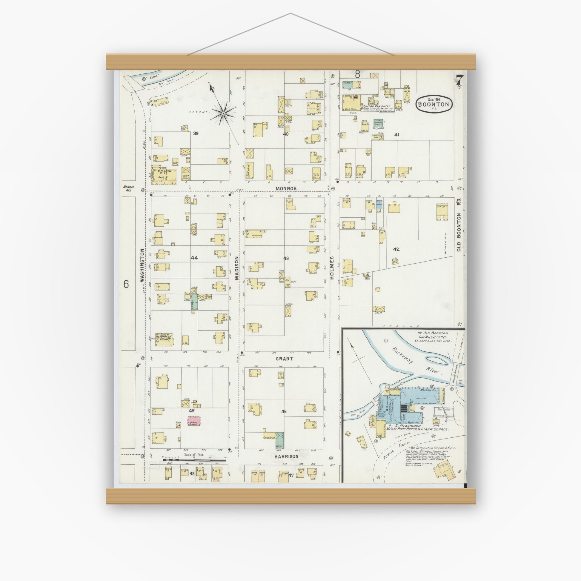 Old map wall art mockup — magnetic wood frame on white wall — Sanborn Fire Insurance Map from Boonton, Morris County, New Jersey (1896), Sheet #0007