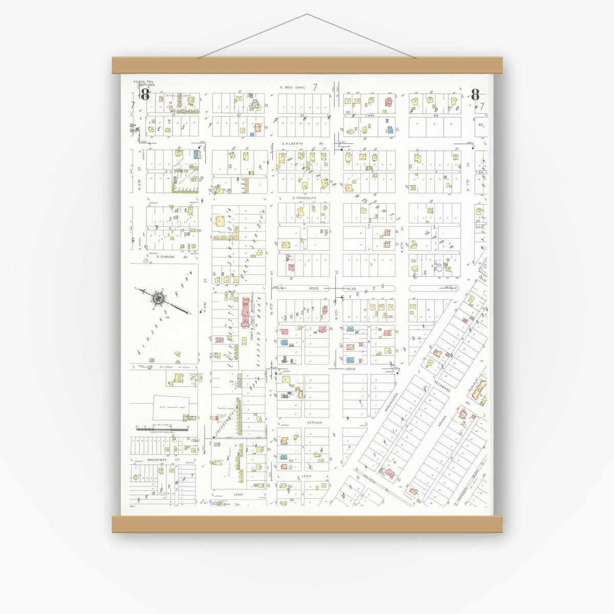 Old map wall art mockup — magnetic wood frame on white wall — Sanborn Fire Insurance Map from Pecos, Reeves County, Texas (1939), Sheet #0008