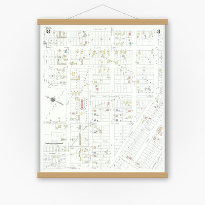 Old map wall art mockup — magnetic wood frame on white wall — Sanborn Fire Insurance Map from Pecos, Reeves County, Texas (1939), Sheet #0008