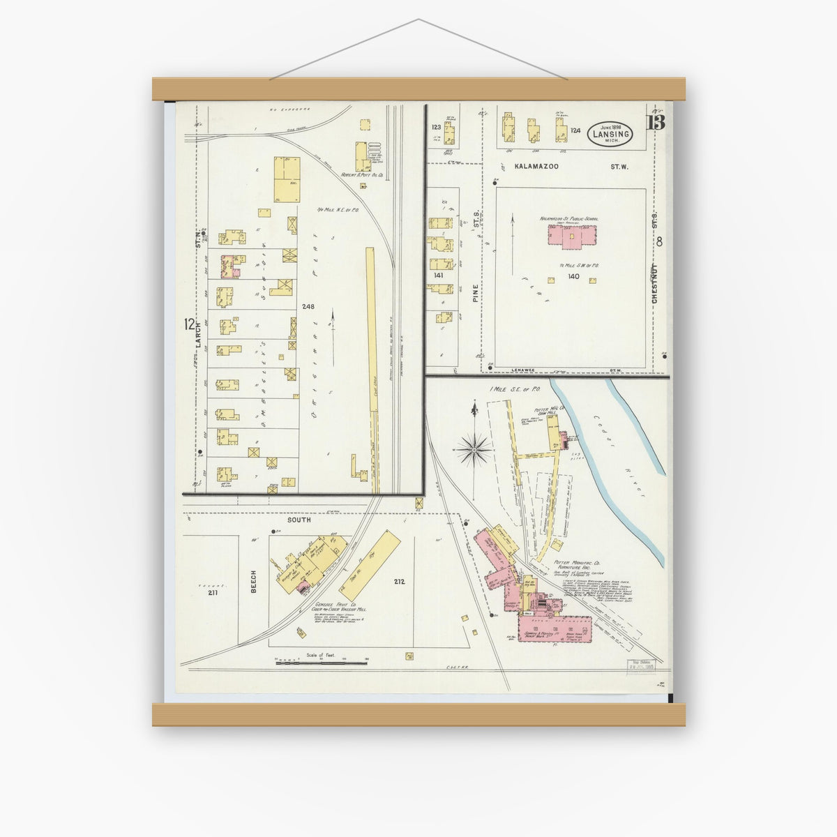 Old map wall art mockup — magnetic wood frame on white wall — Sanborn Fire Insurance Map from Lansing, Ingham County, Michigan (1898), Sheet #0013