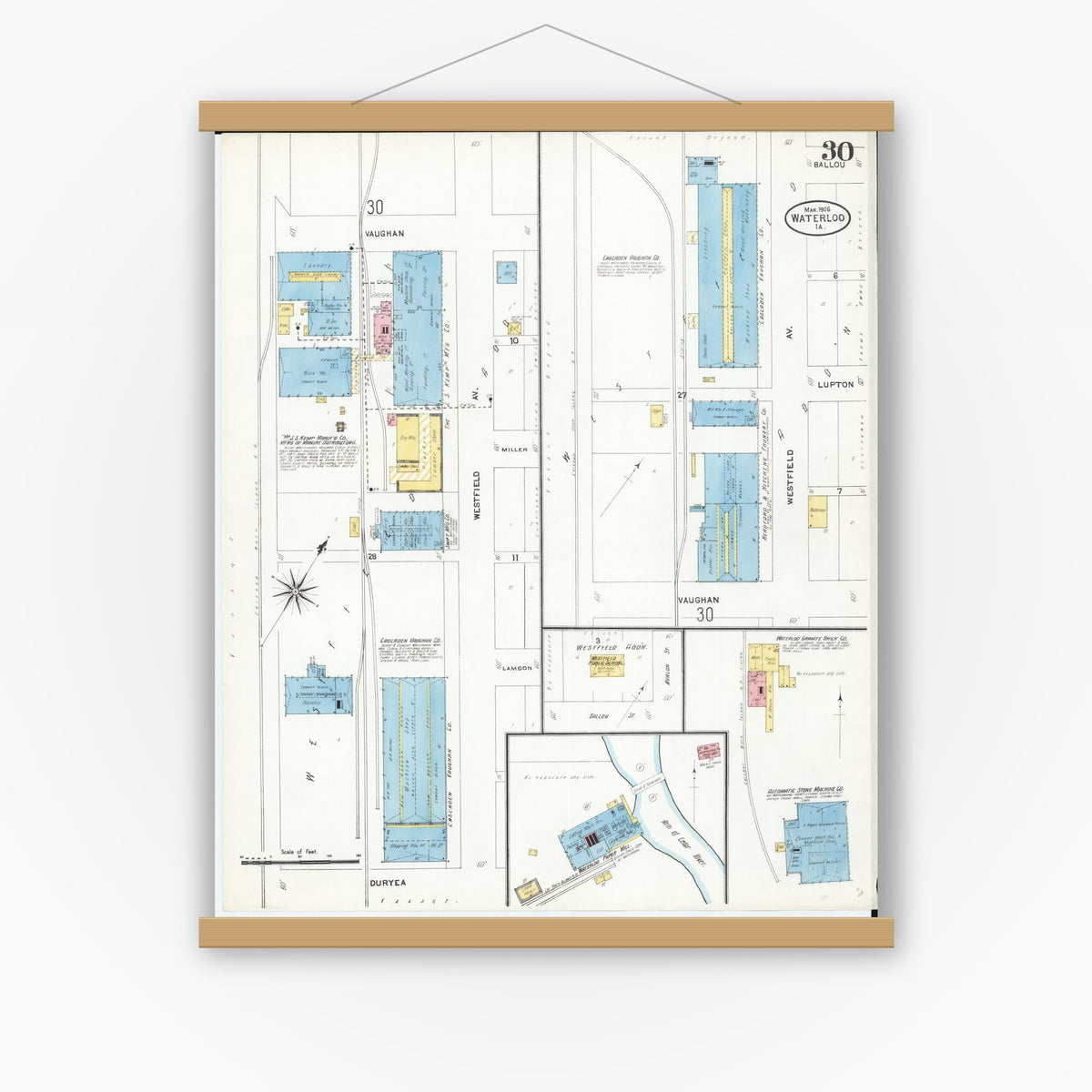 Old map wall art mockup — magnetic wood frame on white wall — Sanborn Fire Insurance Map from Waterloo, Black Hawk County, Iowa (1906), Sheet #0030