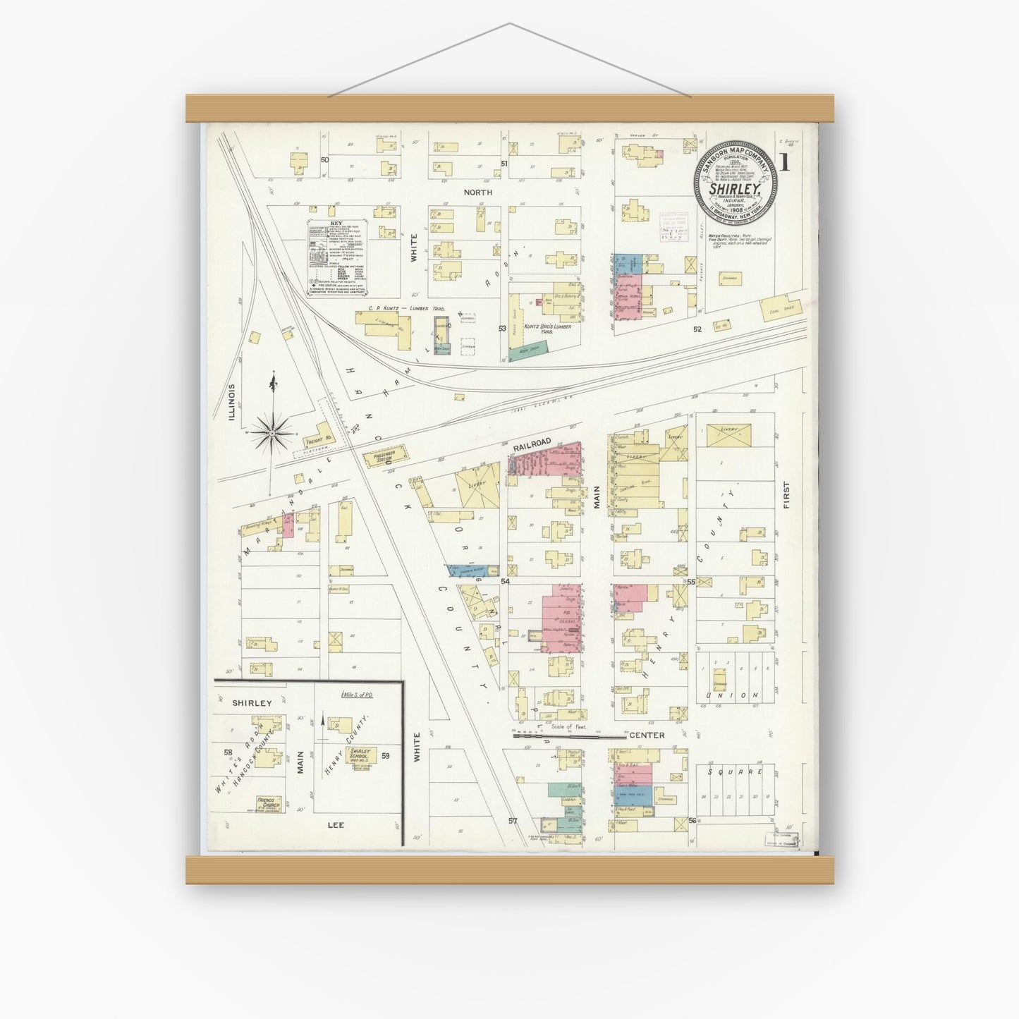 Old map wall art mockup — magnetic wood frame on white wall — Sanborn Fire Insurance Map from Shirley, Hancock And Henry Counties, Indiana (1908) - Complete Map Set