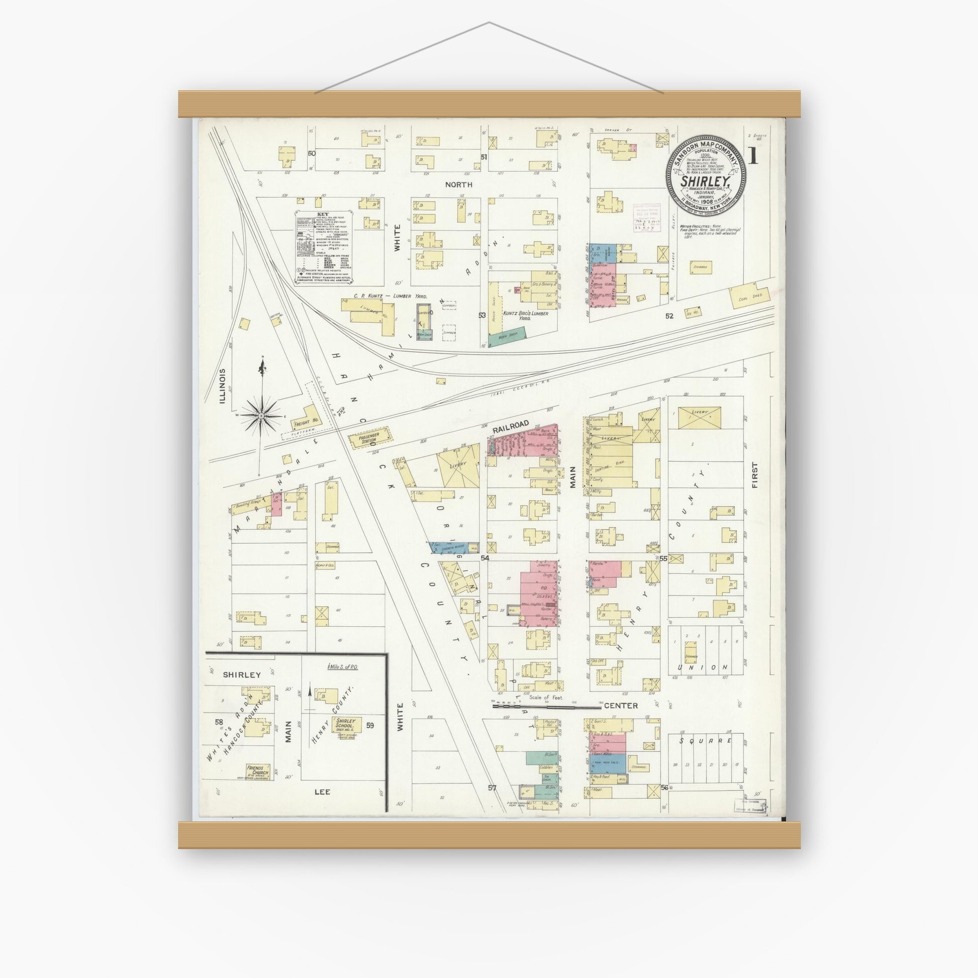Old map wall art mockup — magnetic wood frame on white wall — Sanborn Fire Insurance Map from Shirley, Hancock And Henry Counties, Indiana (1908) - Complete Map Set