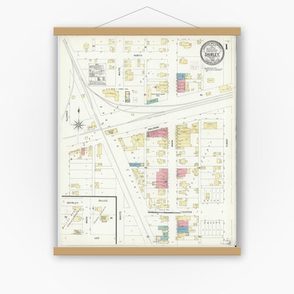 Old map wall art mockup — magnetic wood frame on white wall — Sanborn Fire Insurance Map from Shirley, Hancock And Henry Counties, Indiana (1908) - Complete Map Set