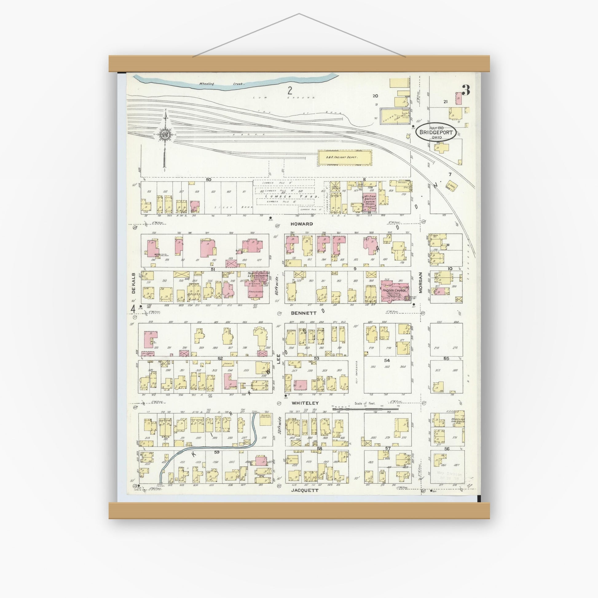 Old map wall art mockup — magnetic wood frame on white wall — Sanborn Fire Insurance Map from Bridgeport, Belmont County, Ohio (1910), Sheet #0003