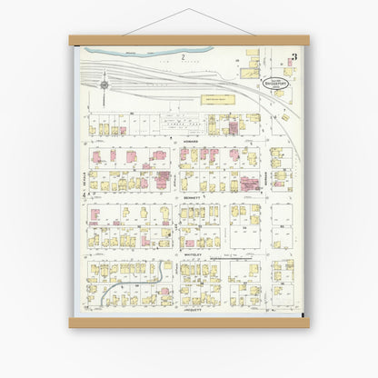 Old map wall art mockup — magnetic wood frame on white wall — Sanborn Fire Insurance Map from Bridgeport, Belmont County, Ohio (1910), Sheet #0003