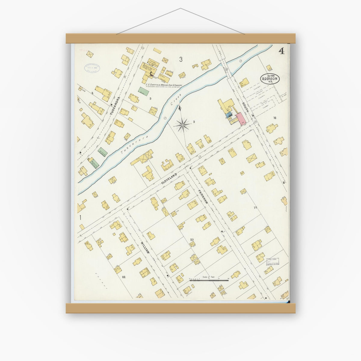 Old map wall art mockup — magnetic wood frame on white wall — Sanborn Fire Insurance Map from Addison, Steuben County, New York (1898), Sheet #0004